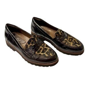 EARTHIES Braga Cow Hair Leopard Print Brown Patent Leather Loafer Shoes Sz 8.5B